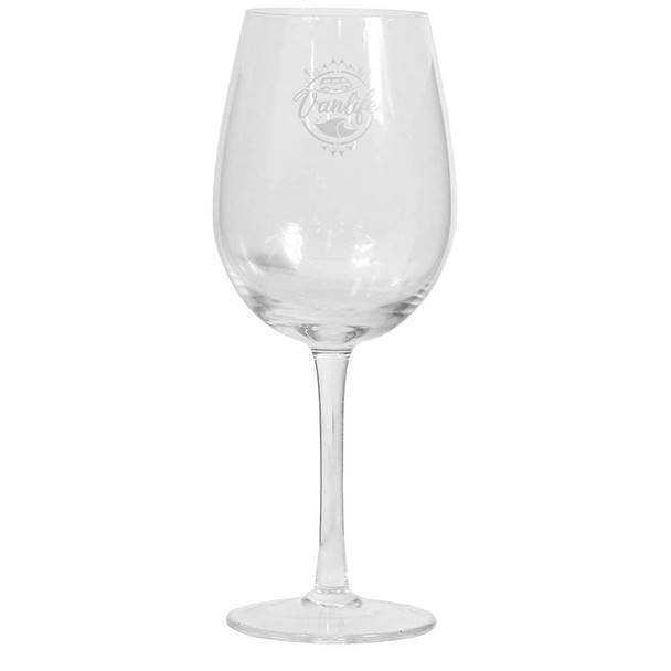 A clear 430ml wine glass with a tall stem, featuring a logo on one side.