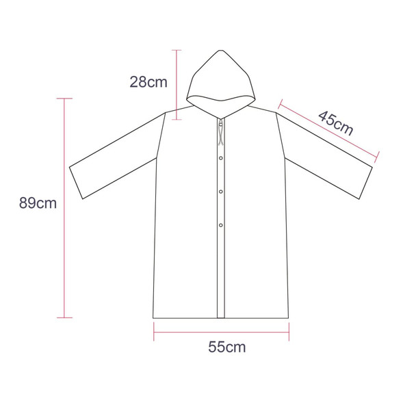 A lightweight, reusable raincoat for kids in a simple design, featuring a hood and button closure.