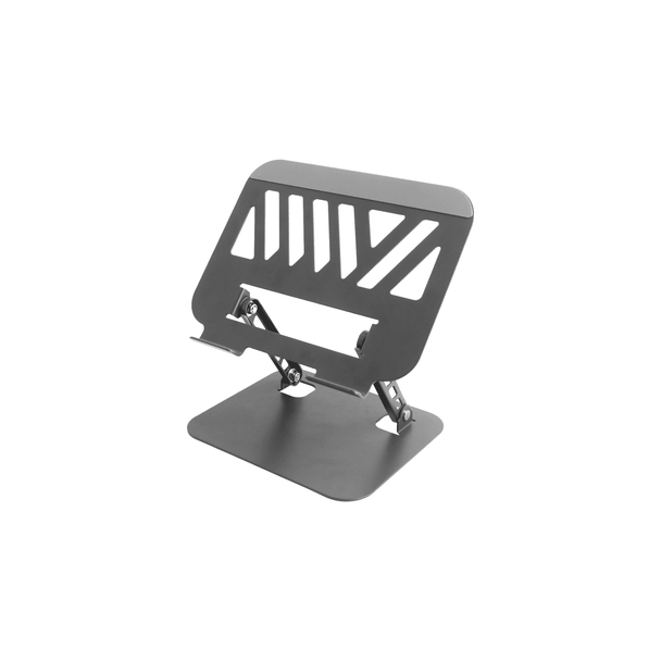 A foldable metal laptop stand in a sleek black design with cut-out patterns for ventilation and style.