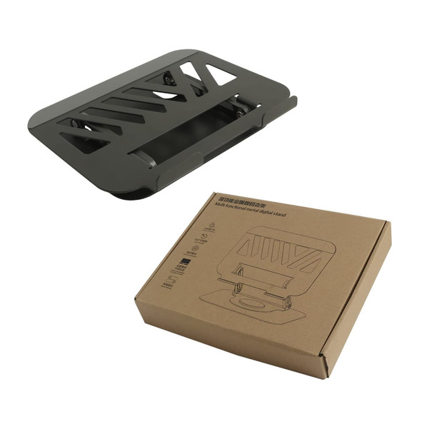 A green foldable metal laptop stand displayed with its packaging. The box features a logo and simple graphics.