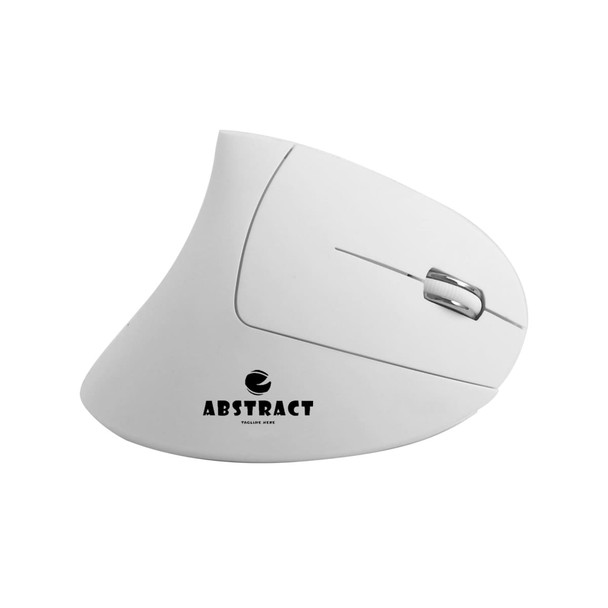 An ergonomic wireless mouse in white, featuring a curved design and a branding logo. An ergonomic wireless mouse in white, featuring a curved design and a branding logo.