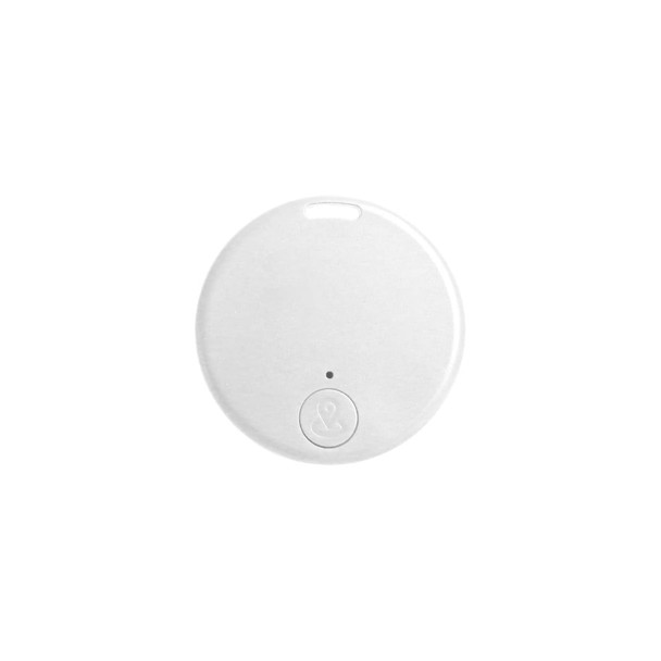 A white circular anti-loss smart tag with a small branding logo and a light indicator.