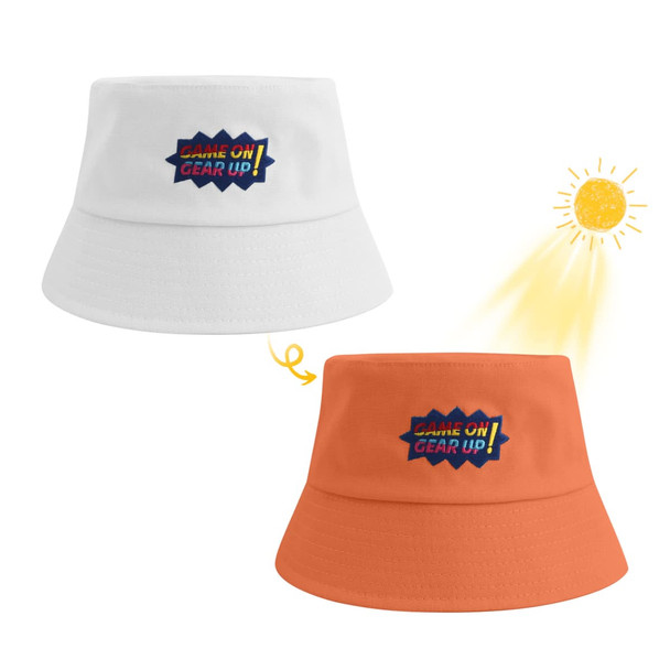 A colour changing bucket hat in white and orange, featuring a logo, designed for sunny days.