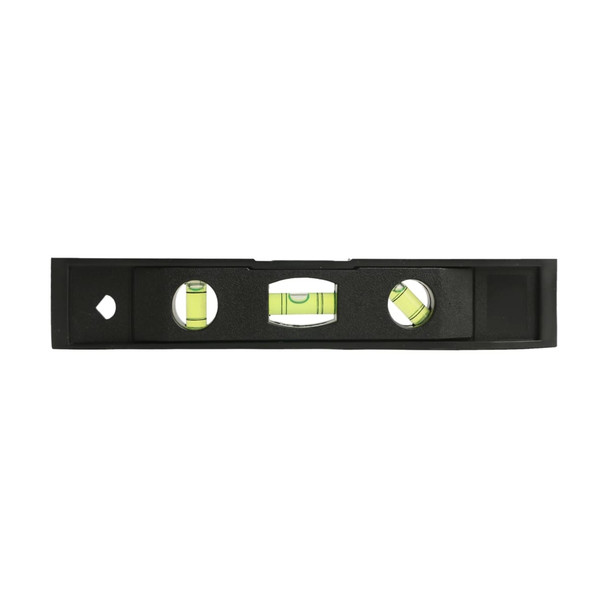 A black magnetic torpedo level featuring three vials with yellow fluid for measuring horizontal and vertical alignment.