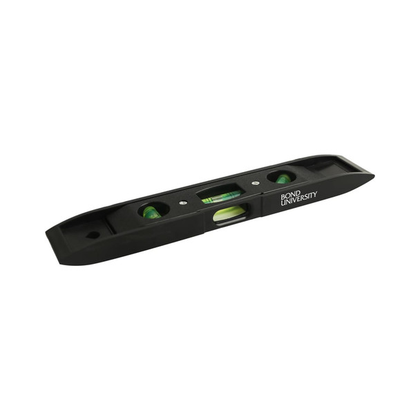 A black magnetic torpedo level featuring two vials for measuring horizontal and vertical alignment, with branding present.