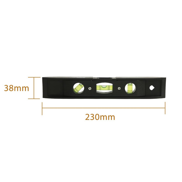 A black magnetic torpedo level with three bubble vials, measuring 230mm in length and 38mm in height.