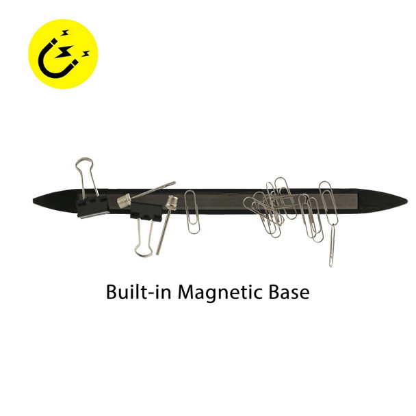 A magnetic torpedo level with a black body, featuring a built-in magnetic base and several paperclips attached.