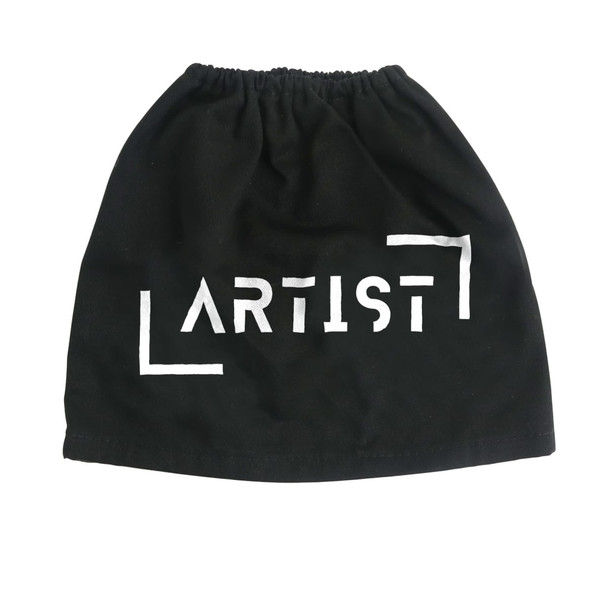 A black boot cover with an elasticated top and a printed logo in white.
