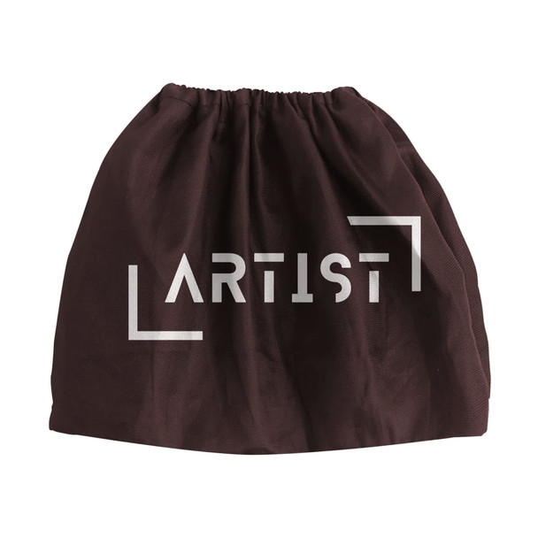 A brown drawstring bag with a logo on the front, featuring a gathered opening at the top.