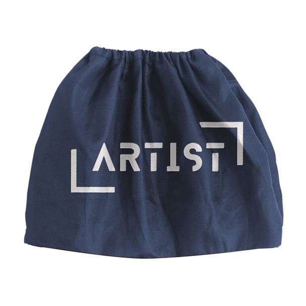 A navy blue bag with an elastic top and a logo printed on the front.