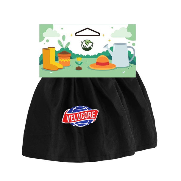 Waterproof boot covers in black with a logo, displayed with a gardening-themed background and hanging tag.