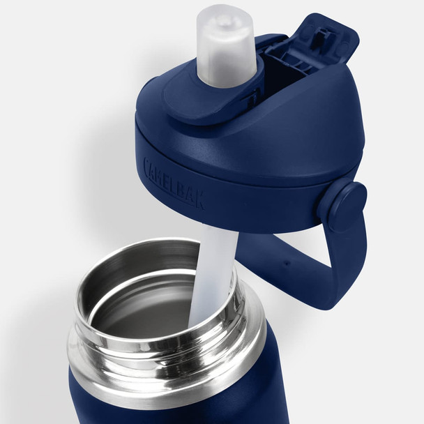A drink bottle featuring a navy blue exterior, a flip straw lid, and a stainless steel interior. It has a logo.