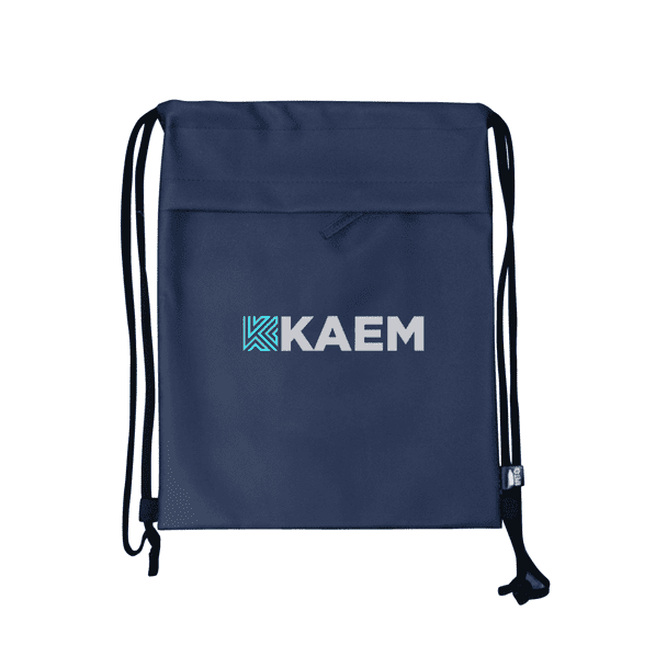A navy drawstring bag with a logo prominently displayed in the centre.