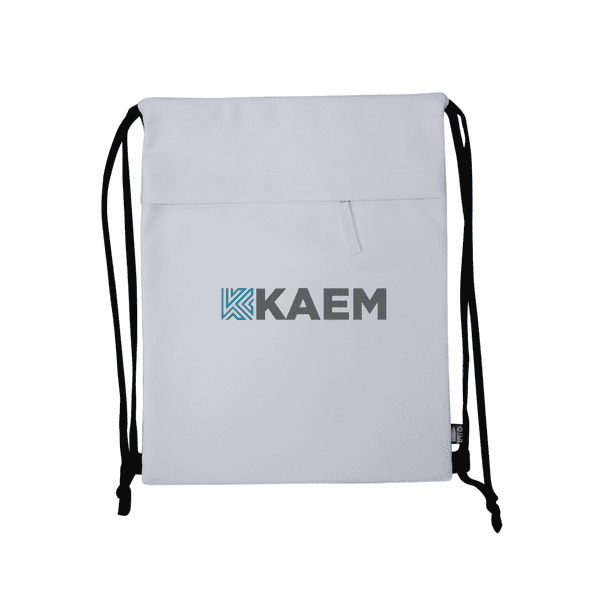 A white drawstring bag featuring black straps and a branding logo on the front.