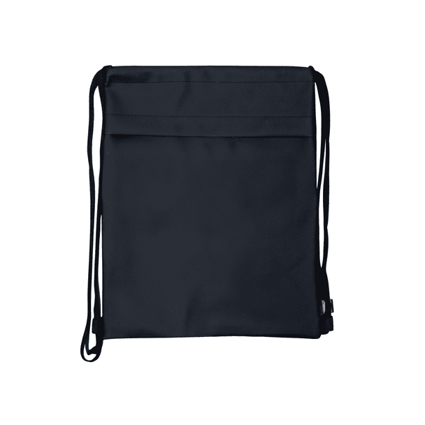 A navy drawstring bag with a simple design and adjustable straps, featuring a logo at the corner.