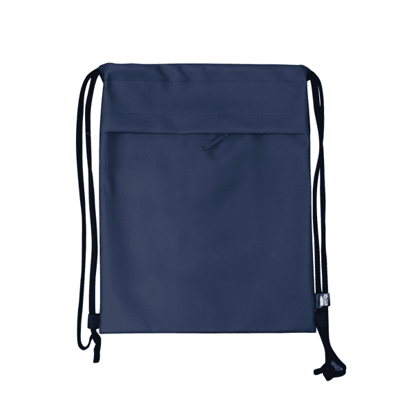 A navy drawstring bag featuring a logo, with black drawstrings for closure and carry.