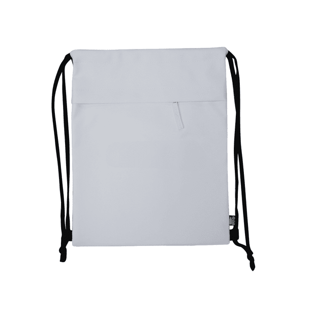 A white drawstring bag with black straps, featuring a zippered pocket and a logo.