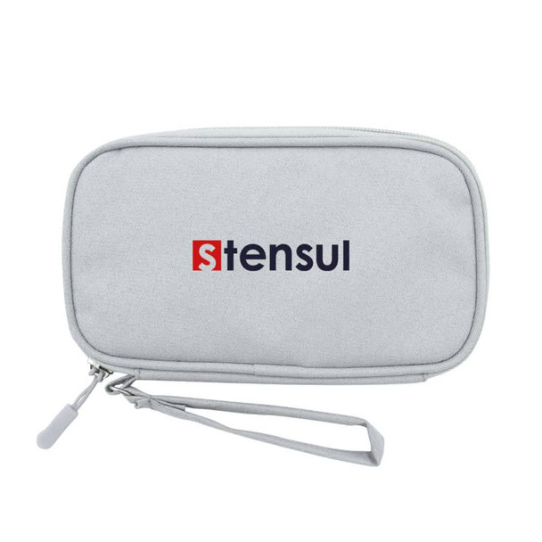 A grey carrying case with a logo, featuring a zip closure and a wrist strap.