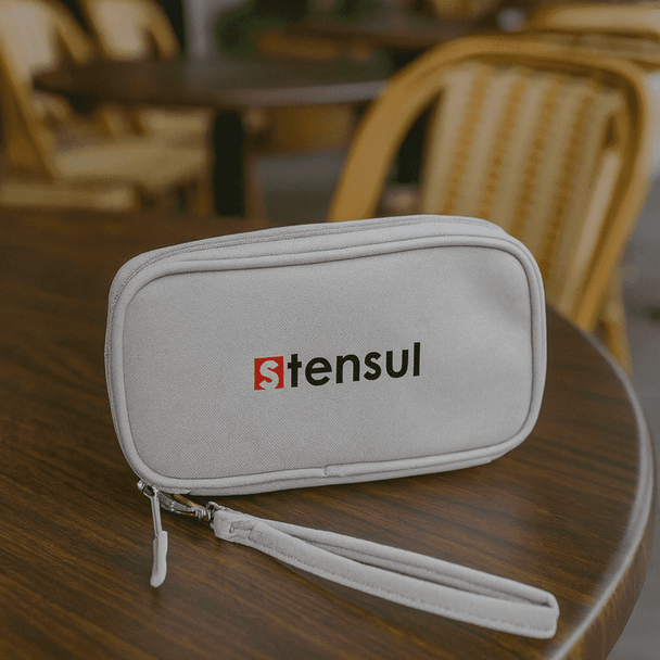 A grey carrying case with a wrist strap, featuring a logo. Suitable for miscellaneous storage needs.