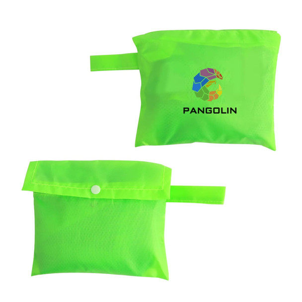 A bright green mesh beach toy bag with a button closure and a logo. Designed for carrying beach toys.
