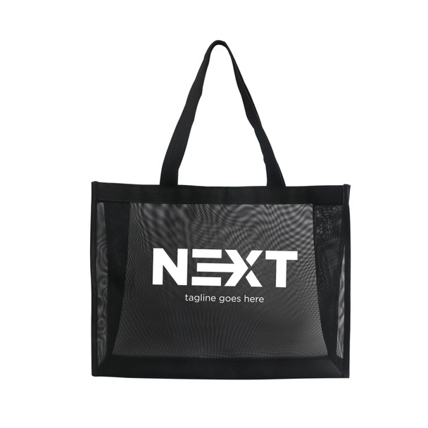 A black transparent mesh tote bag with two handles and a logo on the front.