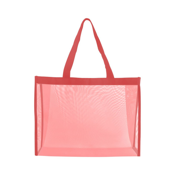 A transparent mesh tote bag with a red frame and straps. The bag features an open design without visible contents.