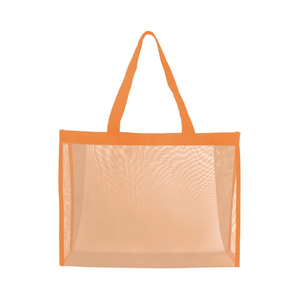An orange transparent mesh tote bag with two sturdy handles and a spacious, open design.