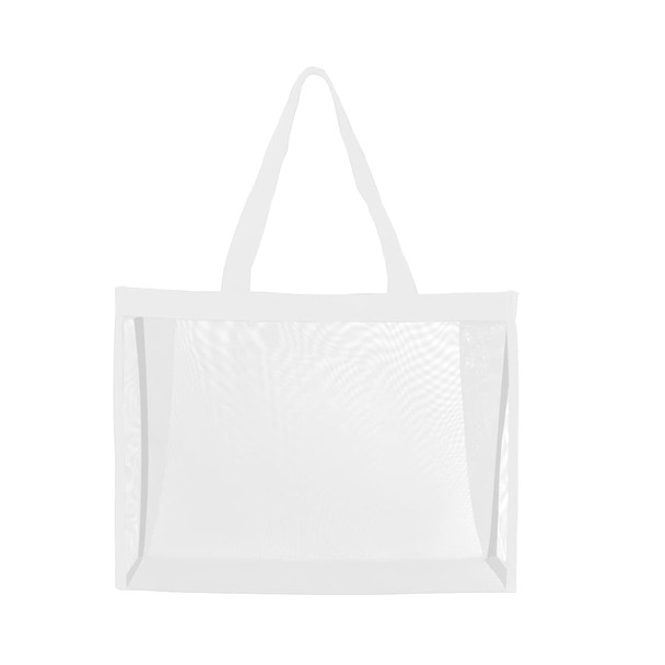 A transparent mesh tote bag in white with two sturdy handles. It features an open design and has a logo.