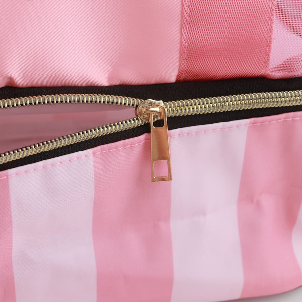 A pink and white striped tote bag featuring a gold zipper and a pocket, with a textured mesh panel.