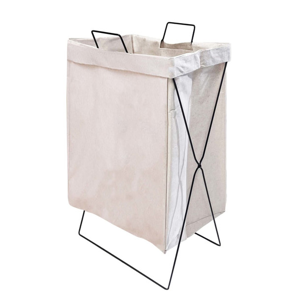 A cotton laundry basket with a beige fabric body and a black metal frame, featuring two handles on top.