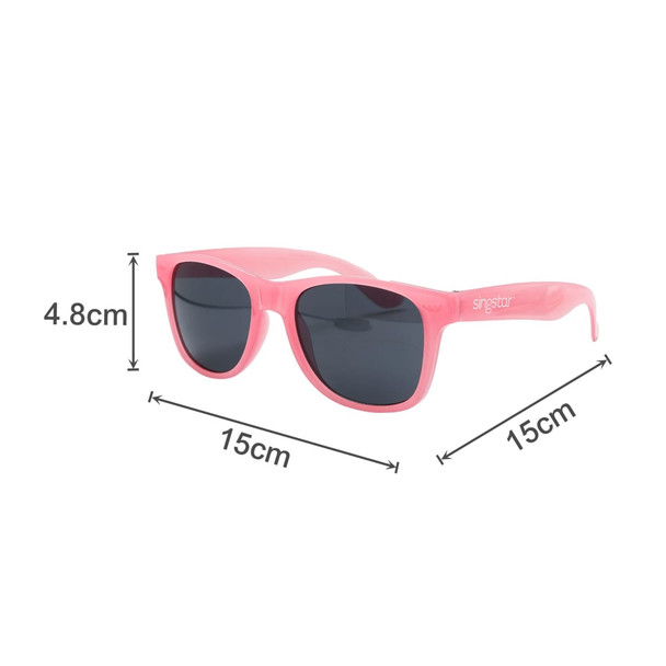Pink sunglasses with dark lenses, featuring a logo, measuring 15cm wide and 4.8cm high.