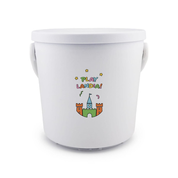 A white bucket with a playful design featuring a castle and text that reads "PLAY LANDIA!"