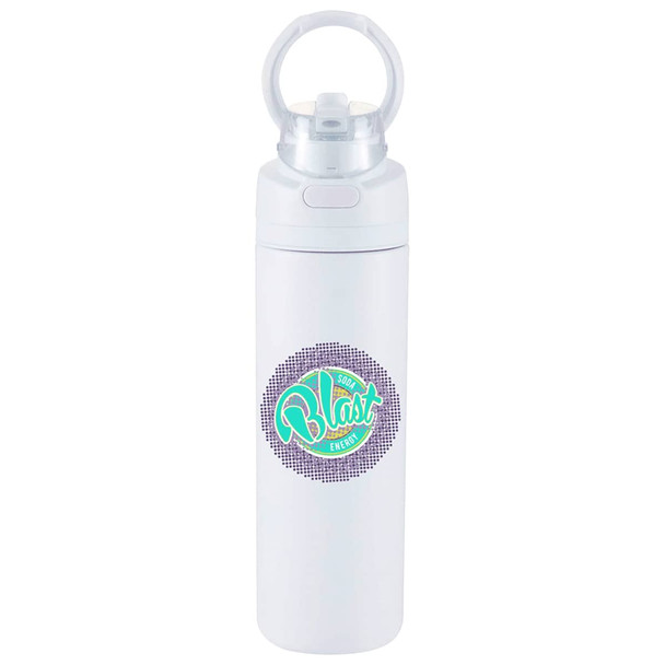 A drink bottle in white with a flip straw and a circular logo design on the front.
