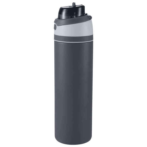 A drink bottle in dark grey with a black lid and a straw feature, designed with a sleek, modern look.