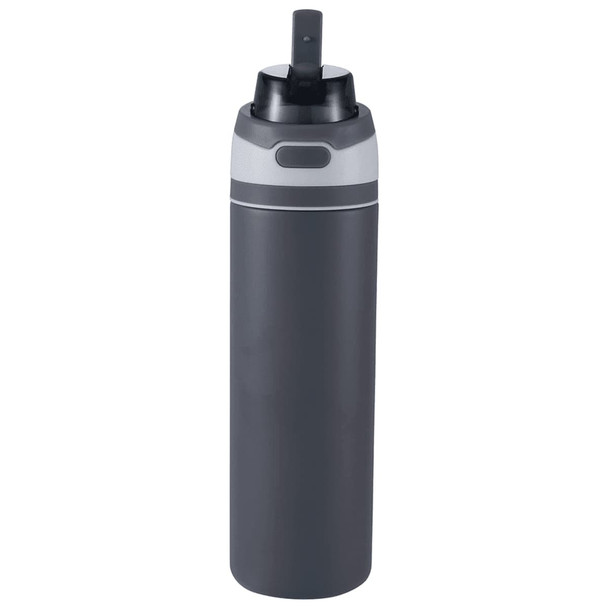 A drink bottle in grey with a flip straw lid and a logo on the side. Suitable for recycled stainless steel.