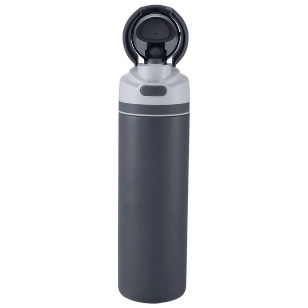 A drink bottle with a grey recycled stainless steel body and a flip straw lid. It features a logo on the side.