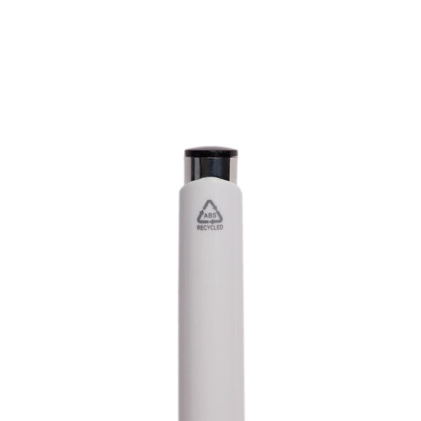 A white pen made from recycled ABS material, featuring a black top and a logo indicating it's recycled.