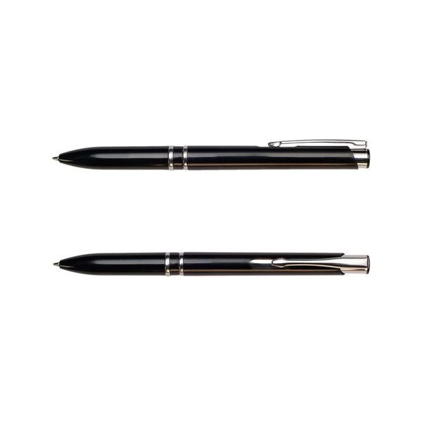A black recycled ABS pen with silver accents and a clip, featuring a sleek design.