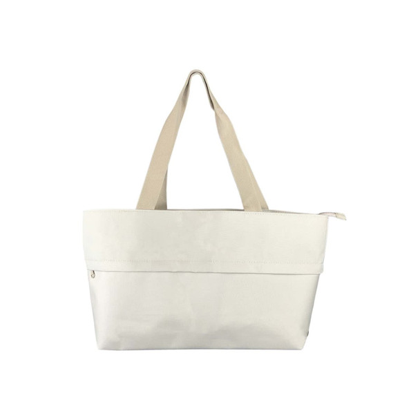 An extendable shopping bag in light cream with beige handles, featuring a logo and a zip closure.