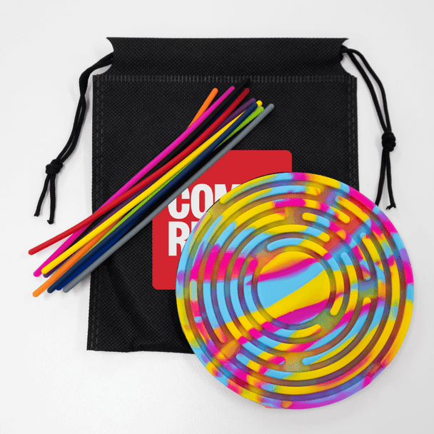 A sensory activity board in rainbow colours with multiple colourful rods, packaged in a black drawstring bag featuring a logo.