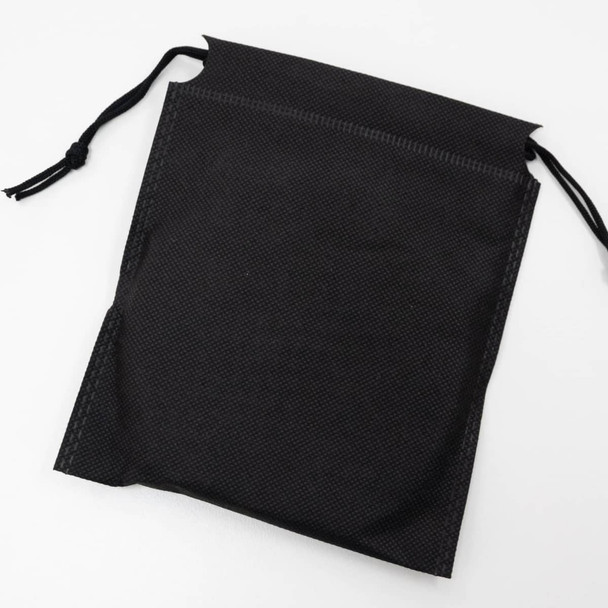 A black drawstring pouch with a textured surface and open top, designed for storage or carrying items.