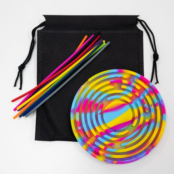 A sensory activity board in rainbow colours with curved patterns, accompanied by colourful sensory sticks and a storage bag.