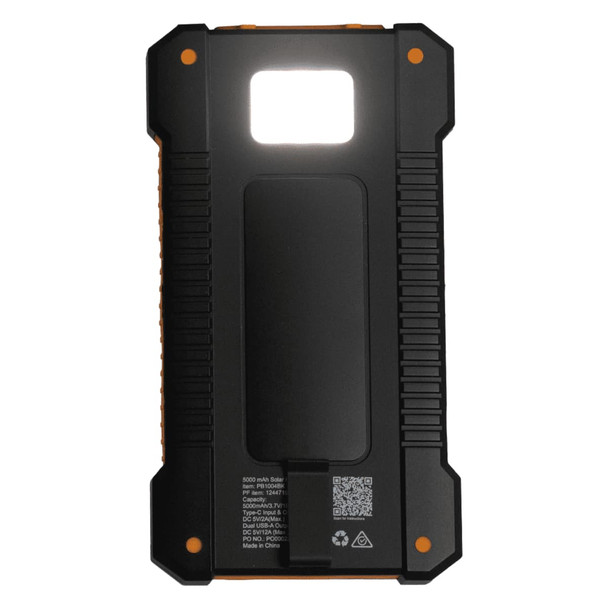 A black and orange solar power bank with textured sides and a rear panel, featuring a logo.