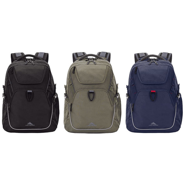 Three High Sierra Access 4.0 Backpacks in black, olive green, and navy blue, each featuring a logo.