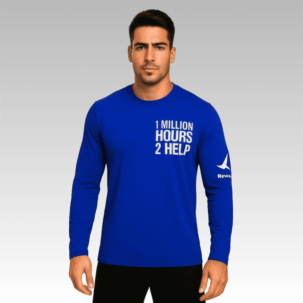 A blue crew neck long-sleeved shirt made from RPET milk silk. Features a logo and text on the front.