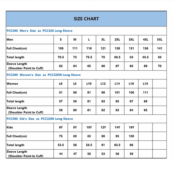 A size chart detailing measurements for men's, women's, and kids' long sleeve shirts in various sizes.