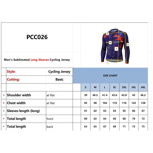 A men's long sleeve cycling jersey in blue with a sublimated design and a logo, features sizing details.