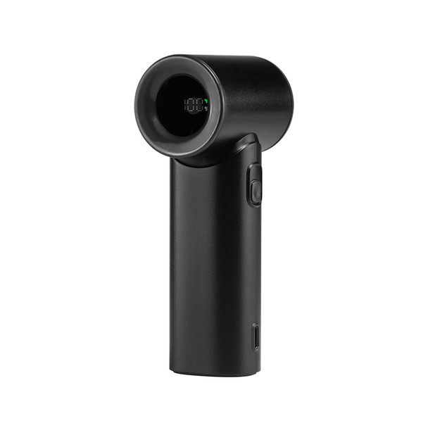 A black handheld fan with a circular head, featuring a power button and a charging port. It has a logo on the body.