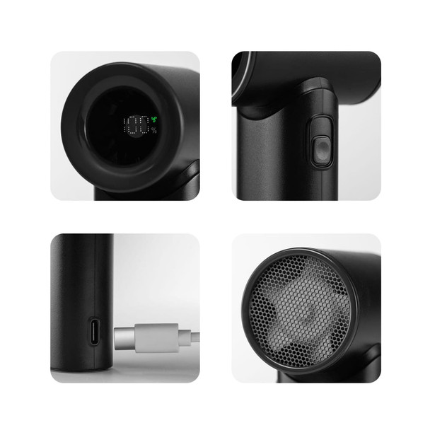 A black high-speed portable handheld fan with a digital display, power button, USB charging port, and mesh fan guard.