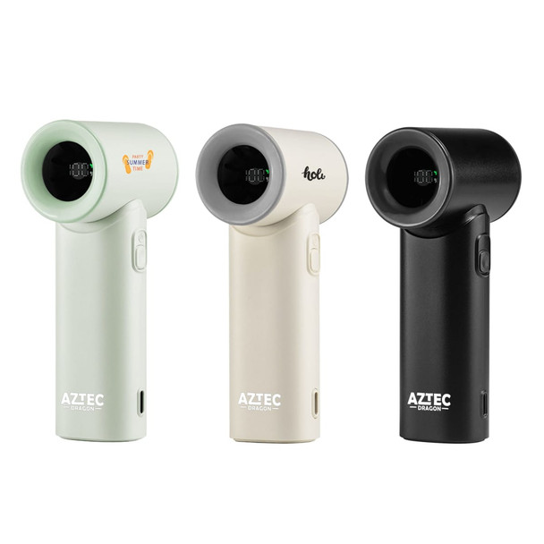 A collection of three portable handheld fans in mint green, cream, and black, each with a distinctive logo.